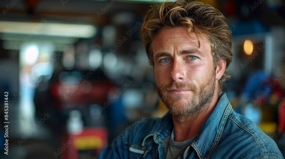 A rugged man with striking blue eyes appears thoughtful in a workshop environment with garage elements A rugged man with striking blue eyes appears thoughtful in a workshop environment with garage elements
