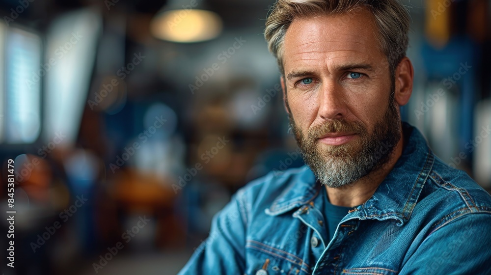 A bearded man with blue eyes showcases a contemplative look in an ambient cafe setting A bearded man with blue eyes showcases a contemplative look in an ambient cafe setting