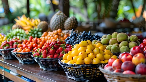 Fototapeta Naklejka Na Ścianę i Meble -  Vibrant Tropical Fruit Display at Luxury Resort Invites Guests to Savor Unique Flavors