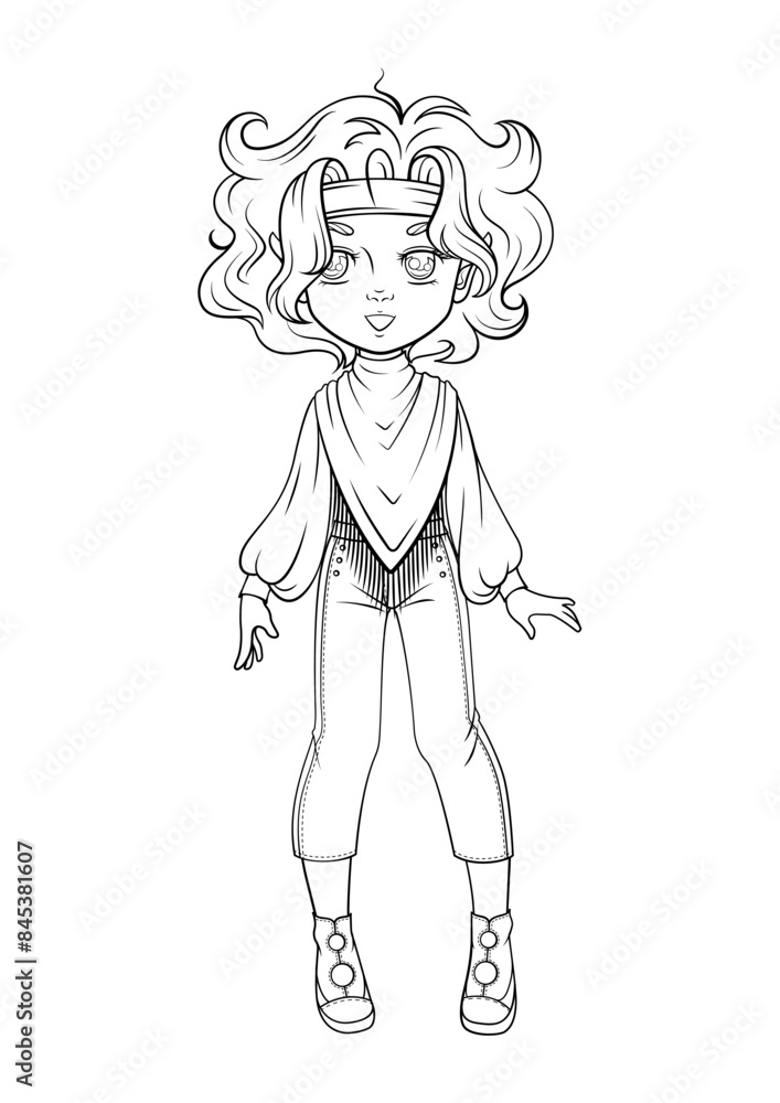 Fototapeta premium Illustration of a young anime style girl with curly hair in monochrome line art for a coloring book design