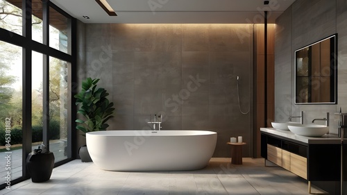 The interior of a modern minimalist bathroom in a luxurious cottage , apartment , house , villa .