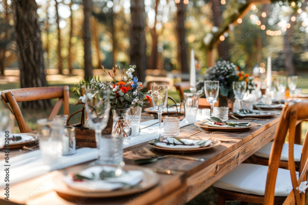 Close up detail shot of a rustic boho style decorated wedding reception table Close up detail shot of a rustic boho style decorated wedding reception table