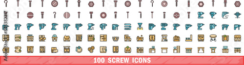 100 screw icons set. Color line set of screw vector icons thin line color flat on white