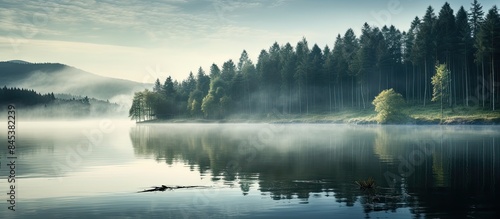 fog on the lake with pine forest in morning. Creative banner. Copyspace image