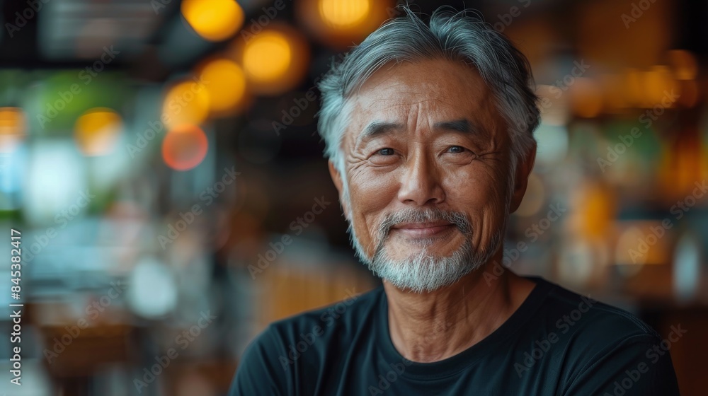 Candid shot of an elderly man with a warm smile in a relaxed restaurant environment Candid shot of an elderly man with a warm smile in a relaxed restaurant environment