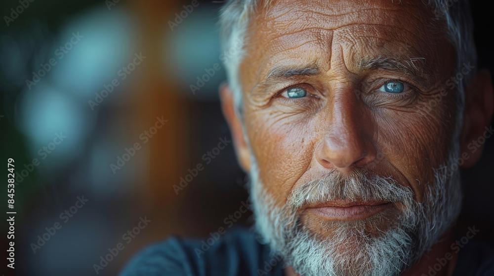 Portrait of a contemplative elderly man with piercing blue eyes and a grey beard Portrait of a contemplative elderly man with piercing blue eyes and a grey beard