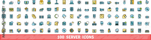 100 server icons set. Color line set of server vector icons thin line color flat on white