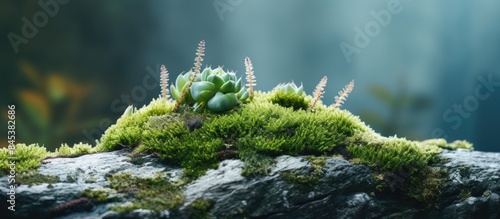 Cactus On Rock Moss covered. Creative banner. Copyspace image