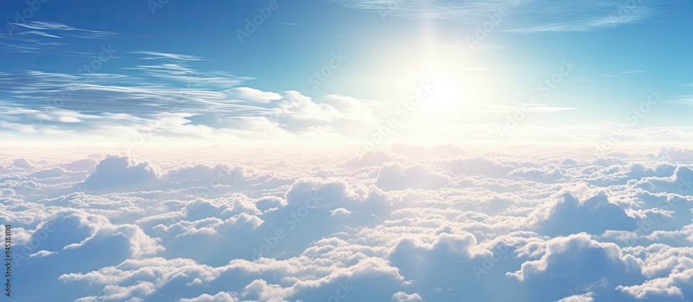 Fototapeta premium Sky and clouds with morning sunshine sky views and clouds outside the plane. Creative banner. Copyspace image