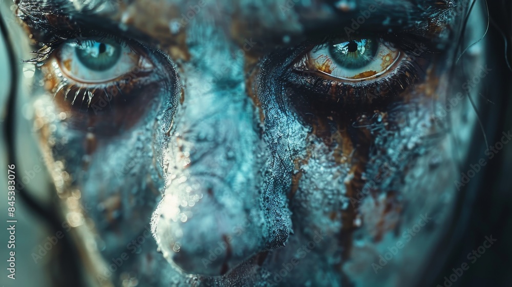 Striking close-up image of eyes with detailed makeup and blue hues, suggesting fantasy or underwater themes Striking close-up image of eyes with detailed makeup and blue hues, suggesting fantasy or underwater themes