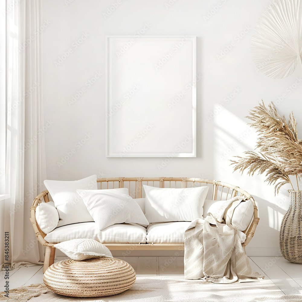 Naklejka premium Home interior mock-up with rattan furniture,