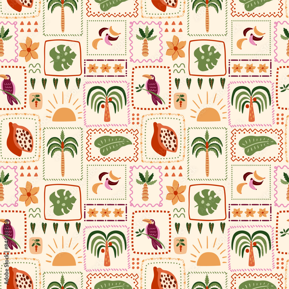 Tropical patchwork seamless pattern. Summer palm tree, bananas, leaves, toucan bird, fruit in square frame. Cute exotic print, hawaii background, wallpaper, floral geometric elements, checkered vector
