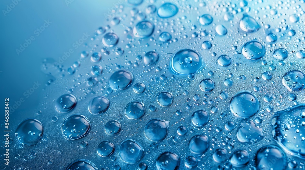 Detailed close-up photo of water droplets against a vivid blue waterproof textured background Detailed close-up photo of water droplets against a vivid blue waterproof textured background