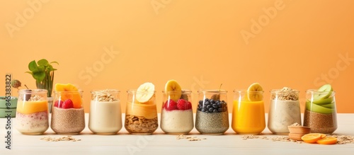 Collage of pudding with chia seed Pudding with chia seed oat flakes banana orange fruit and apricot. Creative banner. Copyspace image