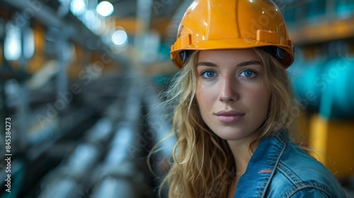 Attractive young woman wearing a safety helmet in a manufacturing facility, showcasing femininity in industry © Larisa AI