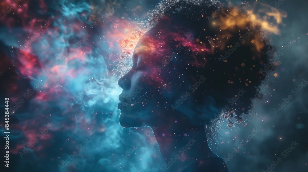A surreal composition with a woman's profile outlined against a universe-inspired, colorful backdrop A surreal composition with a woman's profile outlined against a universe-inspired, colorful backdrop