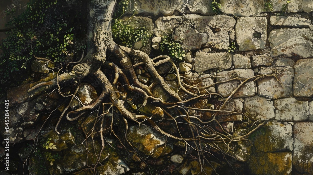 Nature s lasting influence depicted through the entwining of old roots with a weathered stone wall Nature s lasting influence depicted through the entwining of old roots with a weathered stone wall