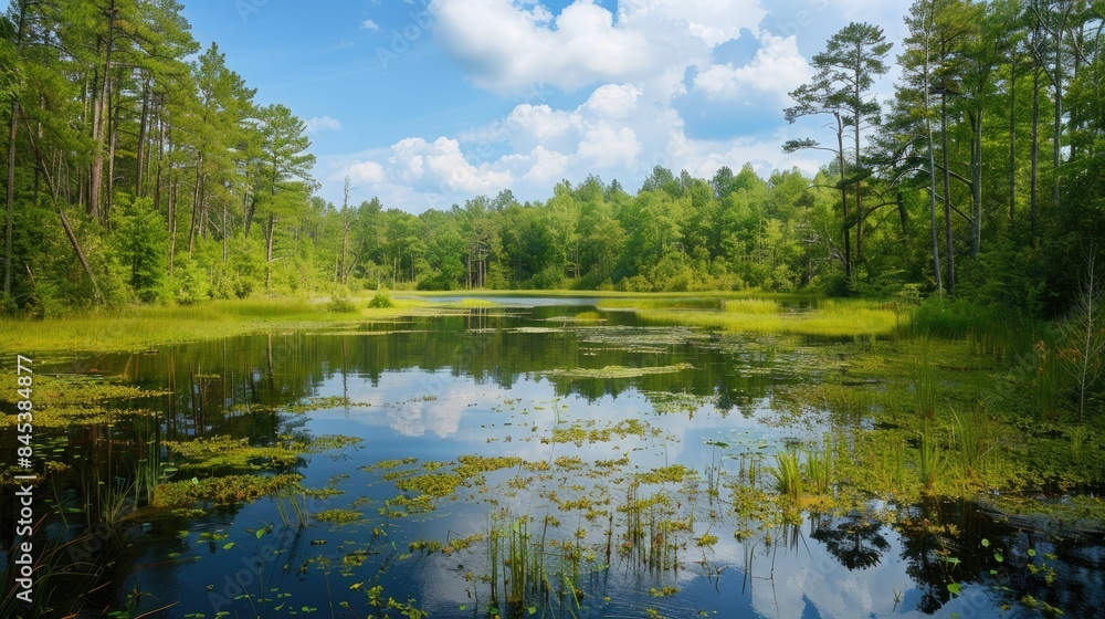 Swamp lake and woodland on the shoreline in a natural setting Swamp lake and woodland on the shoreline in a natural setting
