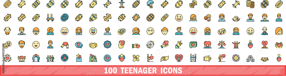 Fototapeta premium 100 teenager icons set. Color line set of teenager vector icons thin line color flat on white