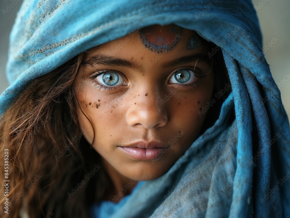 Captivating Portrait Of A Young Girl With Intense Blue Eyes Wearing A Blue Headscarf Captivating Portrait Of A Young Girl With Intense Blue Eyes Wearing A Blue Headscarf