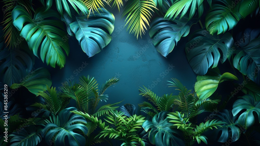 Fototapeta premium A colorful frame of tropical foliage with empty central space for versatile use or messaging