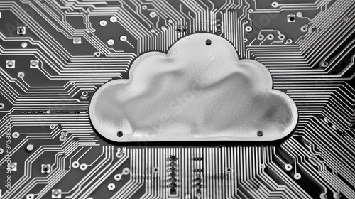 Cloud Computing Circuit Board and Cloud Shape in Outline photo