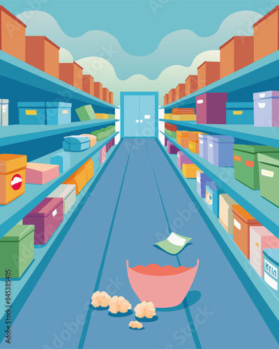 The baby care aisle typically stocked with diapers and wipes now only holding a few remaining packages.. Vector illustration