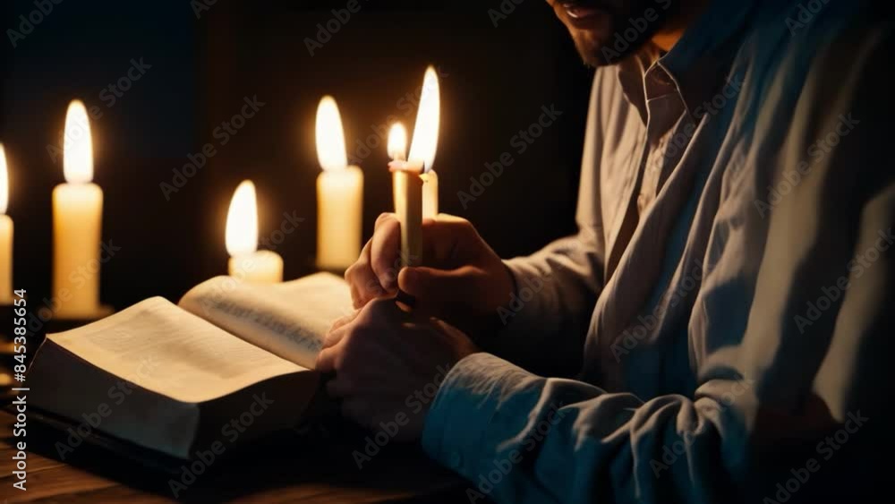 Person holding a candle in front of bible Person holding a candle in front of bible