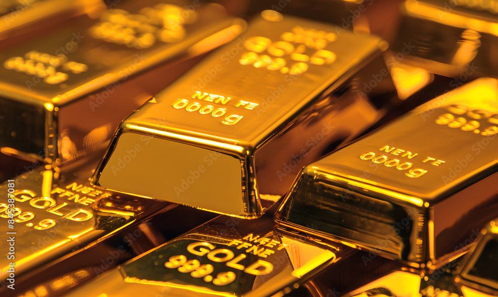 Close-up of gold bars with intricate engravings, reflecting ambient light, symbolizing luxury and stability Close-up of gold bars with intricate engravings, reflecting ambient light, symbolizing luxury and stability