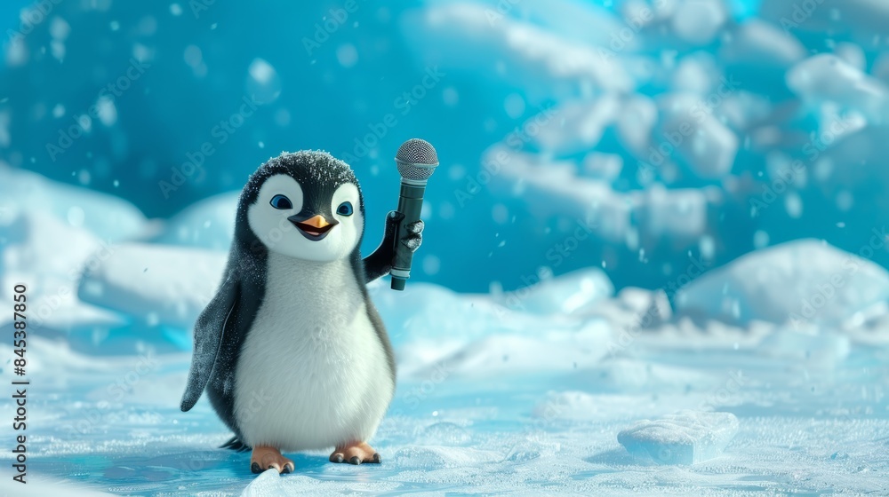 Fototapeta premium A cute penguin holds a microphone, ready to sing in a snowy, wintery landscape.