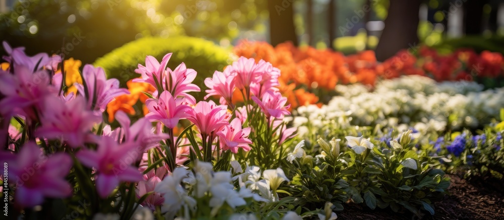 Fototapeta premium colorful flowers bloom in the bed. Creative banner. Copyspace image