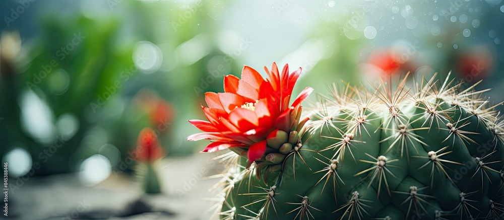 Cactus plant with red flower in natural light with selective focus. Creative banner. Copyspace image Cactus plant with red flower in natural light with selective focus. Creative banner. Copyspace image