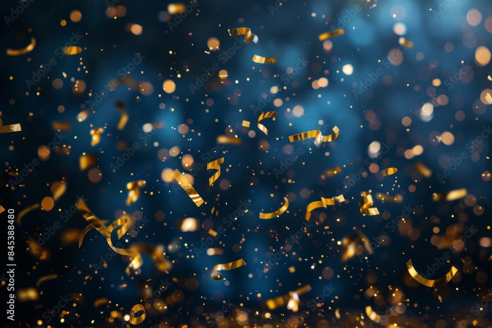 Fototapeta premium Golden confetti falling on dark blue background celebration, festivity, party, and new year's eve concept