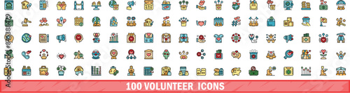 100 volunteer icons set. Color line set of volunteer vector icons thin line color flat on white