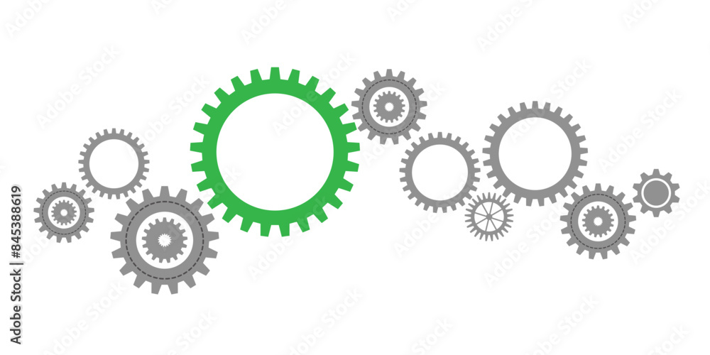 Gear wheel abstract vector set. Collection of different cogwheels and green cog in center isolated on white. Doodle style gear mechanism. New business idea, teamwork, progress, technology concept Gear wheel abstract vector set. Collection of different cogwheels and green cog in center isolated on white. Doodle style gear mechanism. New business idea, teamwork, progress, technology concept