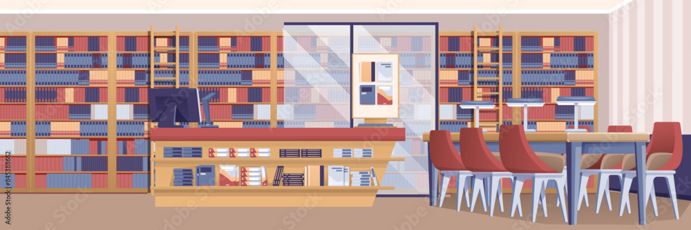 Library interior of reading room. Empty school or university library with bookshelves full of old books, tables, chairs for studying, librarian desk. Cartoon vector illustration Library interior of reading room. Empty school or university library with bookshelves full of old books, tables, chairs for studying, librarian desk. Cartoon vector illustration