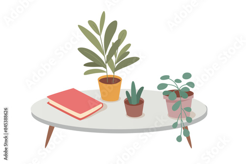 House plants in pots standing on table vector illustration. Indoor flowerpots in home. Flowers in ceramic containers. Room interior decor. Green office concept