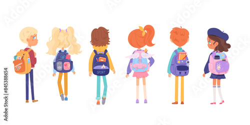 Children with school backpacks back view vector set. Kids girls and boys friends going to kindergarten with bag pack. Cartoon smart students characters isolated on white background. Back to school
