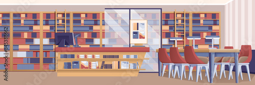 Library interior of reading room. Empty school or university library with bookshelves full of old books, tables, chairs for studying, librarian desk. Cartoon vector illustration