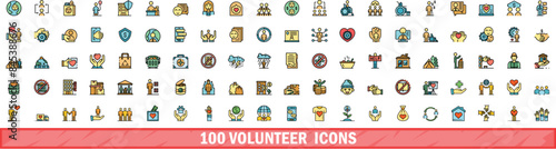 100 volunteer icons set. Color line set of volunteer vector icons thin line color flat on white