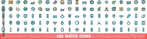 100 watch icons set. Color line set of watch vector icons thin line color flat on white