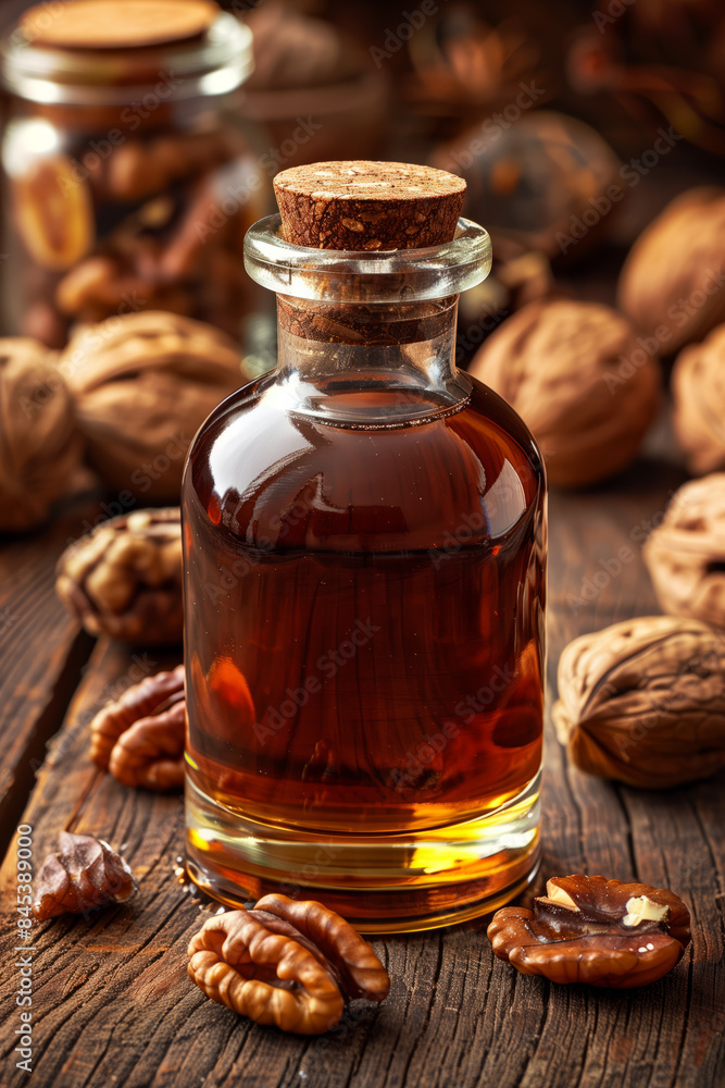 A glass bottle filled with rich, amber-hued walnut oil sits amidst a collection of whole and cracked walnuts, showcasing the natural origin of this delicious and versatile ingredient. A glass bottle filled with rich, amber-hued walnut oil sits amidst a collection of whole and cracked walnuts, showcasing the natural origin of this delicious and versatile ingredient.