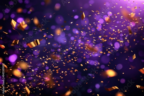 Celebratory golden confetti falling against vibrant purple background with bokeh effect