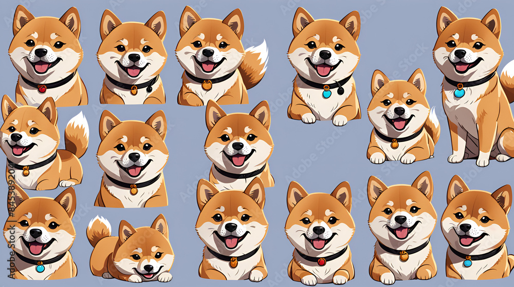 Fototapeta premium Multi grid Japanese Akita dog emoji pack, featuring various dog expressions