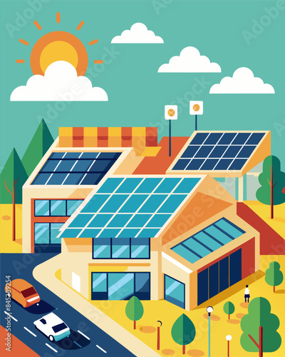 The busy shopping center was an unexpected display of renewable energy with its rooftop solar panels shining proudly in the sun.. Vector illustration