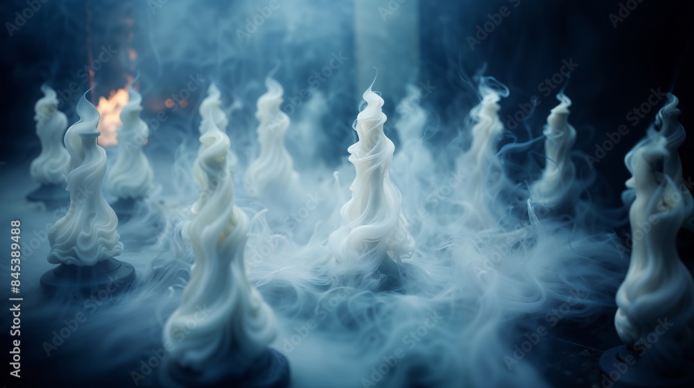Mysterious Twisting White Candles Amidst Ethereal Smoke Mysterious Twisting White Candles Amidst Ethereal Smoke