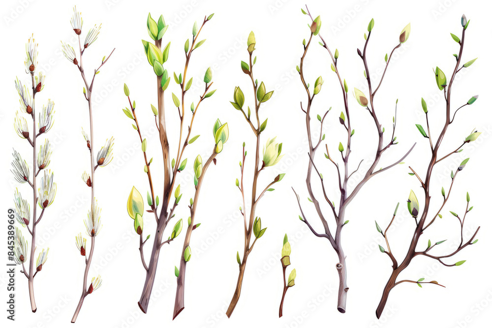 Fototapeta premium willow tree twigs with buds and leaves on a white background.