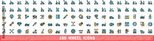 100 wheel icons set. Color line set of wheel vector icons thin line color flat on white