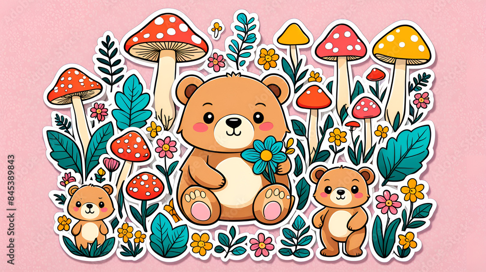 Fototapeta premium Cute little bear sticker painting with plants and mushrooms, pastoral style, children's painting of little bears