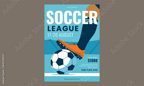 Soccer league flyer template with flat player illustration